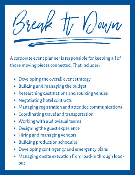 A corporate event planner is responsible for keeping all of those moving pieces connected. That includes: Developing the overall event strategy Building and managing the budget Researching destinations and sourcing venues Negotiating hotel contracts Managing registration and attendee communications Coordinating travel and transportation Working with audiovisual teams Designing the guest experience Hiring and managing vendors Building production schedules Developing contingency and emergency plans Managing onsite execution from load-in through load-out